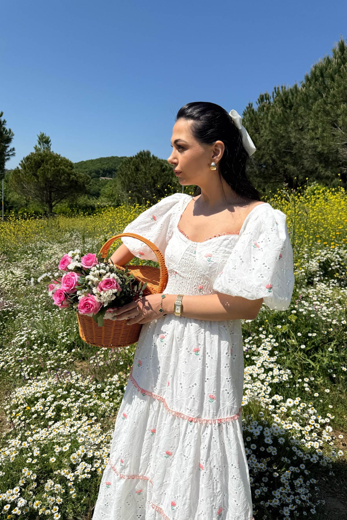 Beyaz Pembe Çiçekli Balon Kol Elbise SY-2267-Beyaz