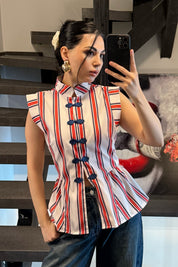 Kırmızı Çizgili Napolyon Bluz SY-3697-Kırmızı