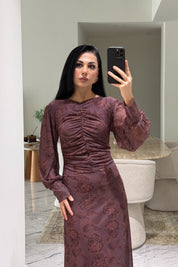 Kahve Önü Büzgü Detaylı Elbise SY-3628-Kahverengi