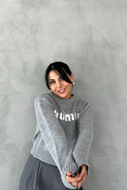 Gri Morris Yazı Baskılı Crop Kazak SY-2464-Gri