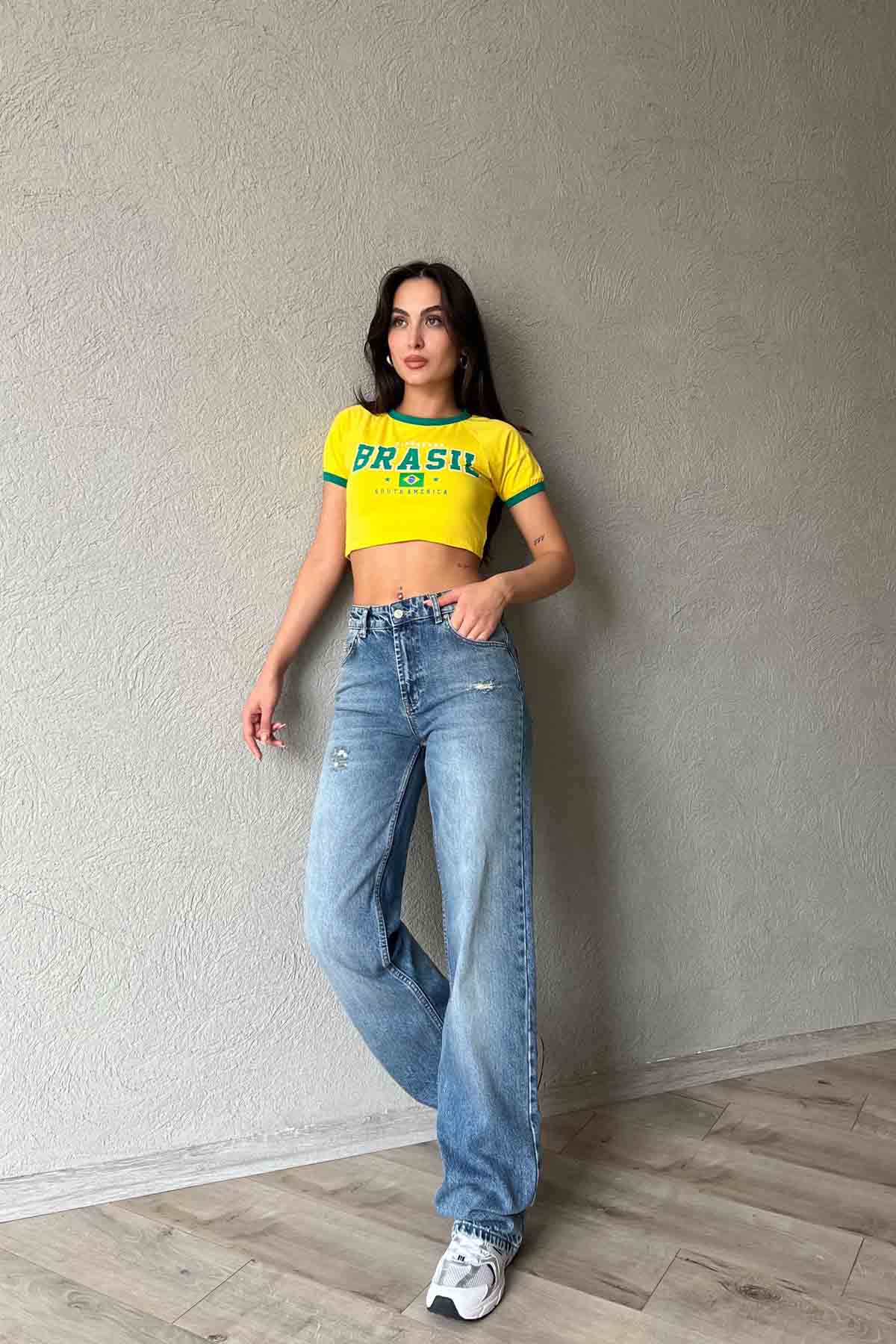 Mavi Eskitme Point Yırtık Detaylı Wide Leg Jean SY-2002-Mavi