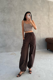 Kahve Paçası Lastikli Balon Pantolon SY-3341-Kahve