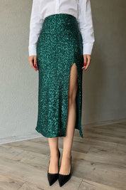 Petrol Yeşili Pullu Fermuarlı Yırtmaç Detaylı Midi Etek SY-1327-Petrol Yeşili