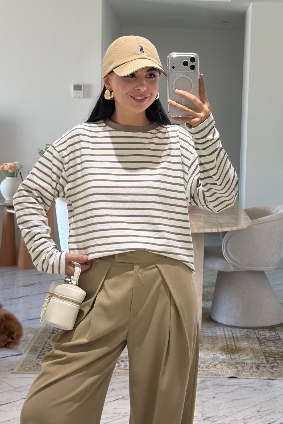 Ekru Kahve Çizgili Oversize Basic Bluz SY-3832-Kahve