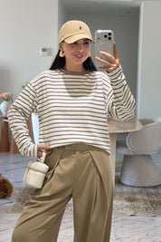 Ekru Kahve Çizgili Oversize Basic Bluz SY-3832-Kahve