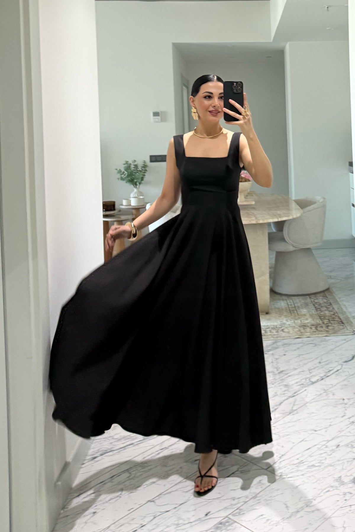 Siyah Kare Yaka Füsun Prenses Elbise SY-3649-Siyah