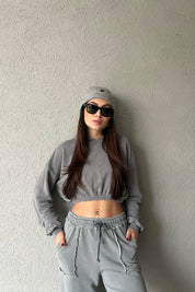 Gri Kapüşonlu Crop Sweatshirt SY-1683-Gri