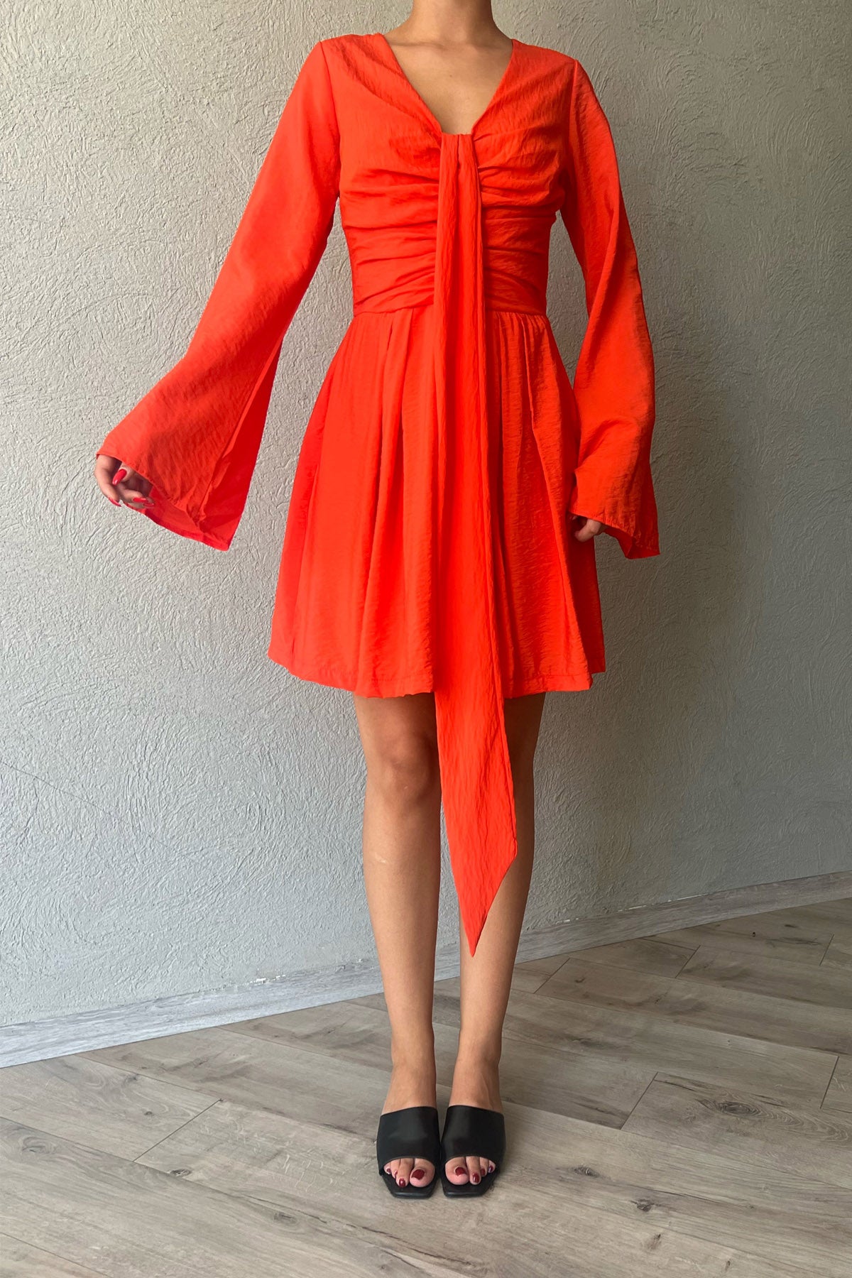 Mercan Mallorca Flare Kollu Yakası Detaylı Elbise SY-2374-Mercan