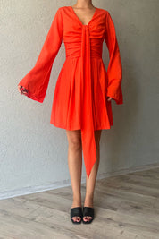 Mercan Mallorca Flare Kollu Yakası Detaylı Elbise SY-2374-Mercan