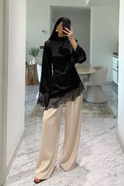 Dantelli Saten Siyah Tasarım Bluz SY-3662-Siyah
