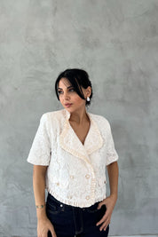 Krem Dantelli Vatkalı Astarlı Kısa Kollu Ceket SY-2504-Krem