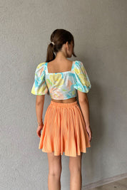 Mavi Çiçek Desenli Önü Bağlama Detaylı Crop SY-0712-Mavi