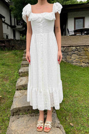 Ekru Önü Düğme Detaylı Kolları Gipeli Brode Elbise SY-2050-Ekru