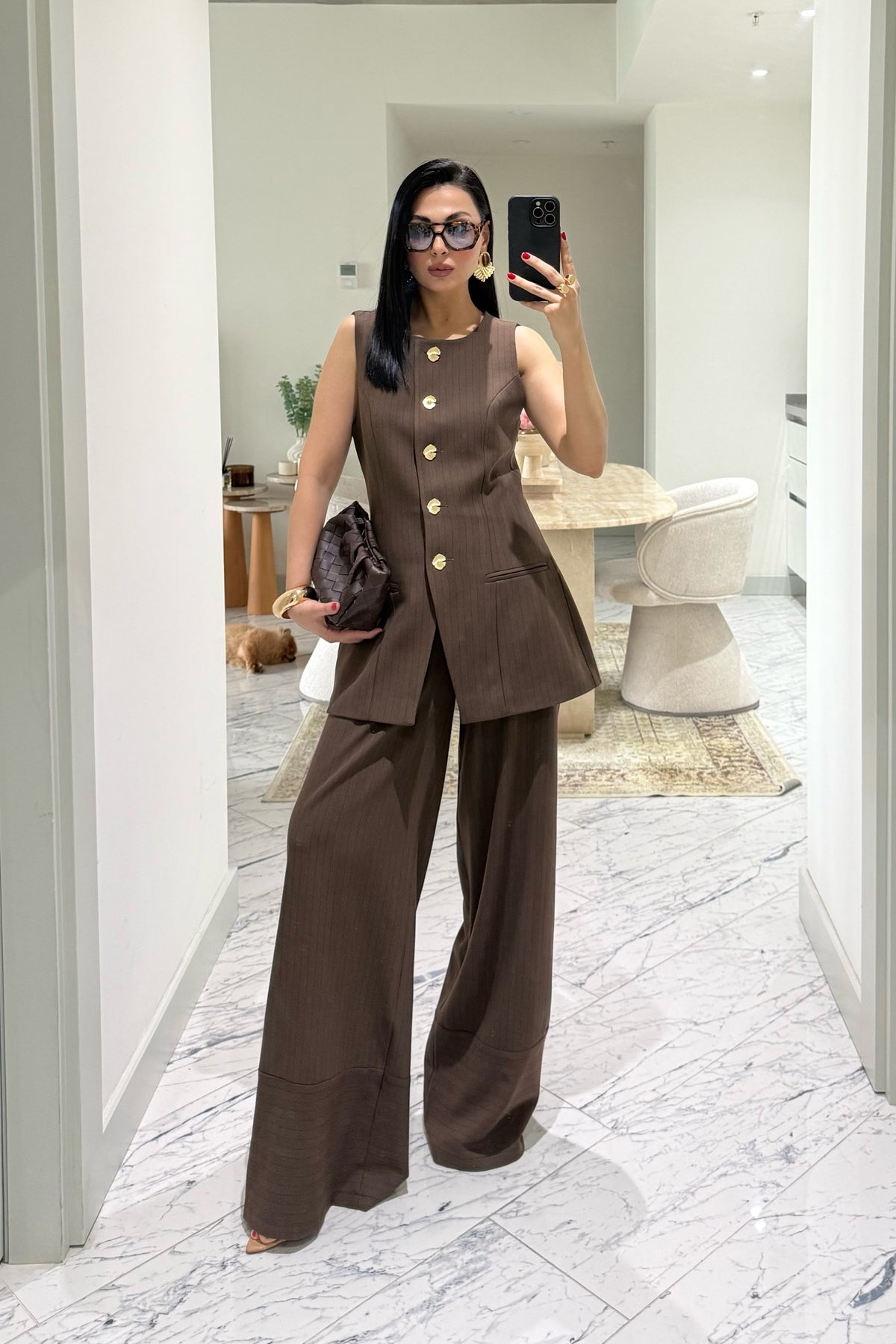 Kahve Çizgili Lidya Bol Paça Ve Yelek Takım SY-3690-Kahve