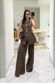 Kahve Çizgili Lidya Bol Paça Ve Yelek Takım SY-3690-Kahve