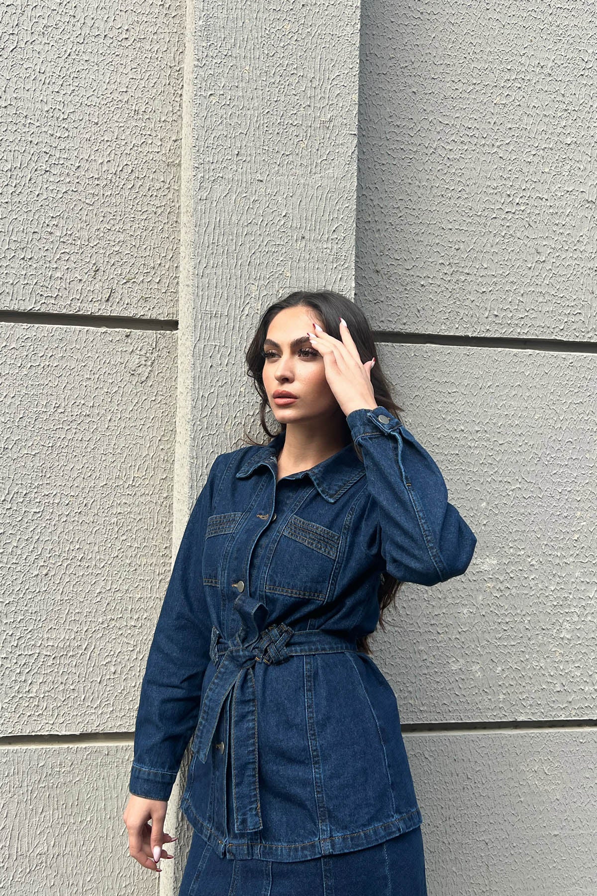 Koyu Lacivert Kemer Detaylı Etek Ceket Denim Takım SY-1574-Koyu Lacivert
