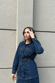 Koyu Lacivert Kemer Detaylı Etek Ceket Denim Takım SY-1574-Koyu Lacivert