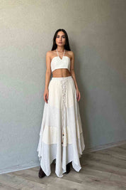 Bej Beli Lastikli Önü İp Detaylı Fırfırlı Etek SY-1937-Bej