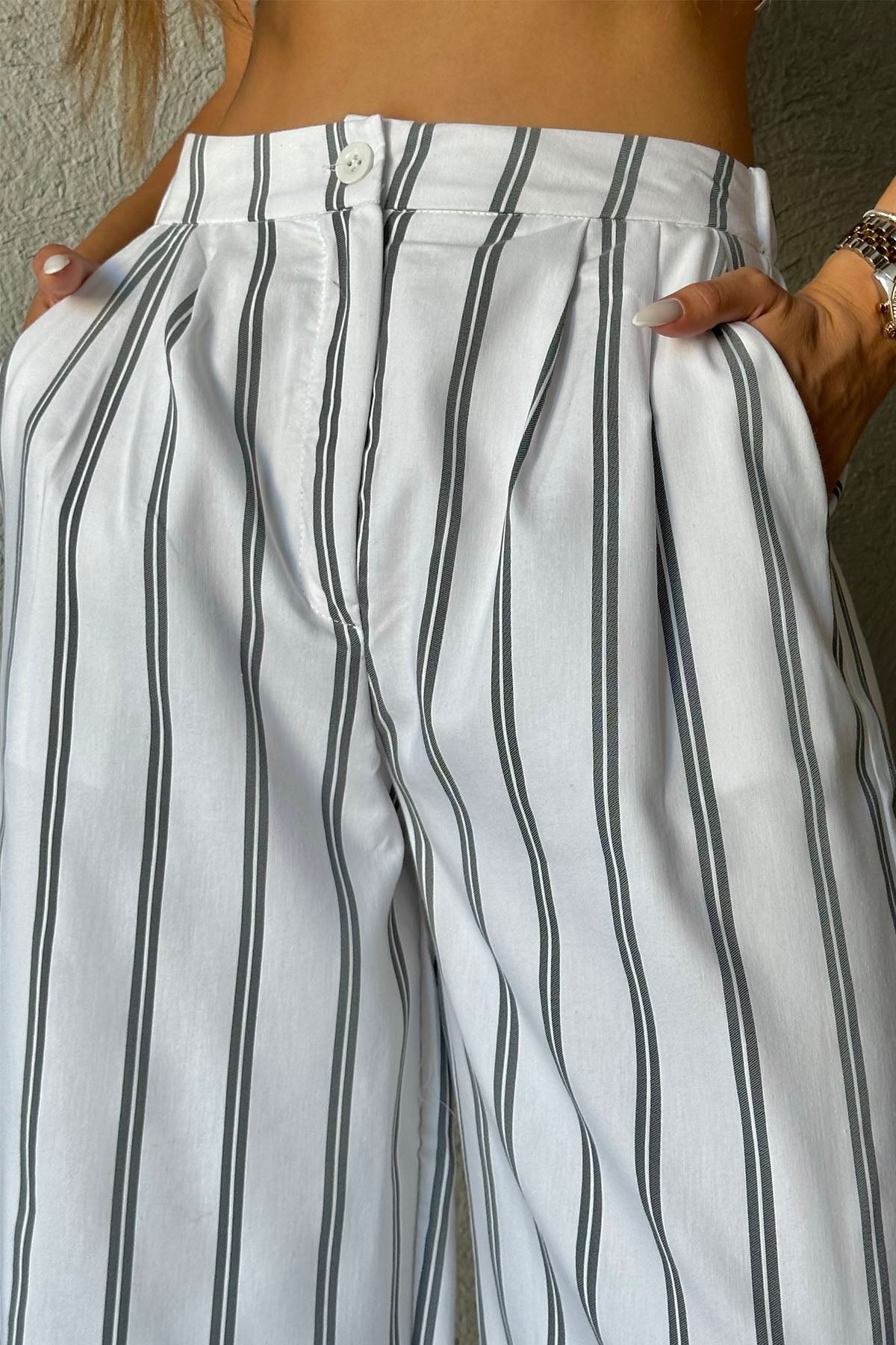 Beyaz Çift Çizgili Pantolon SY-0744-Beyaz