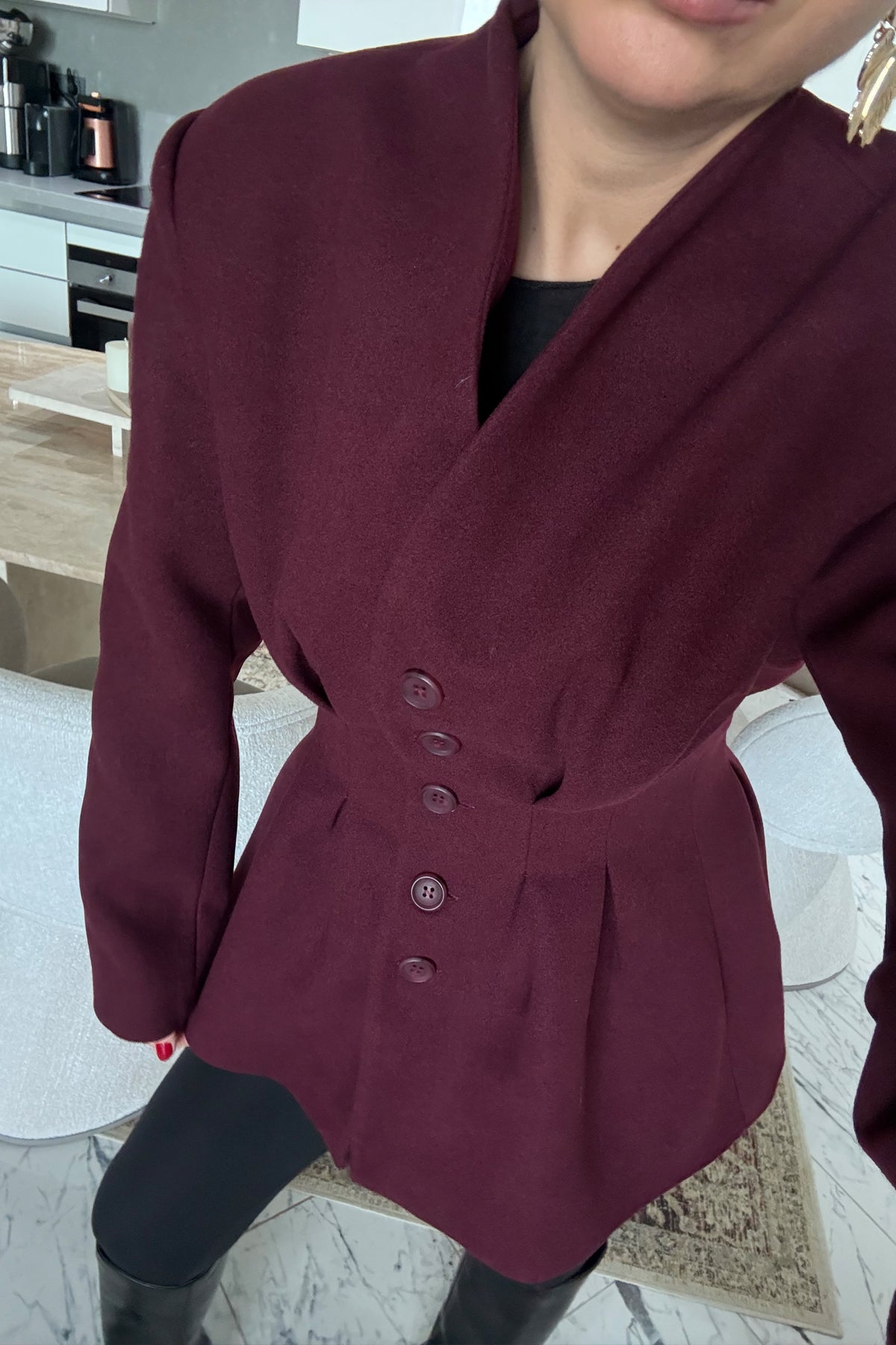 Bordo Belden Oturmalı Kaşe Özel Üretim Ceket SY-3416-Bordo