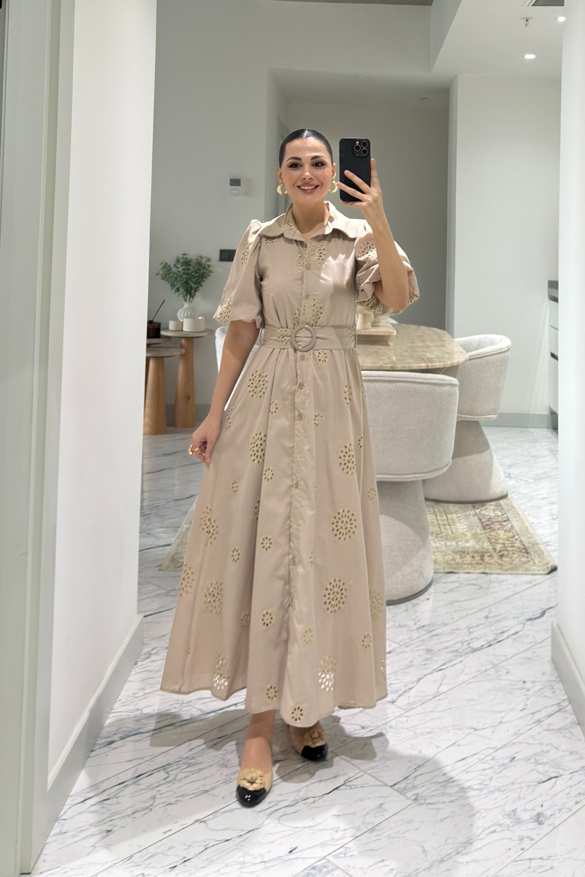 Bej Balon Kol Kemerli Brode Elbise SY-3637-Bej