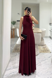 Bordo Balıkçı Yaka Maxi Boy Dökümlü Şık Kadın Elbise SY-3632-Bordo