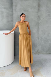 Camel Sırt Dekolteli Keten Uzun Elbise SY-2336-Camel