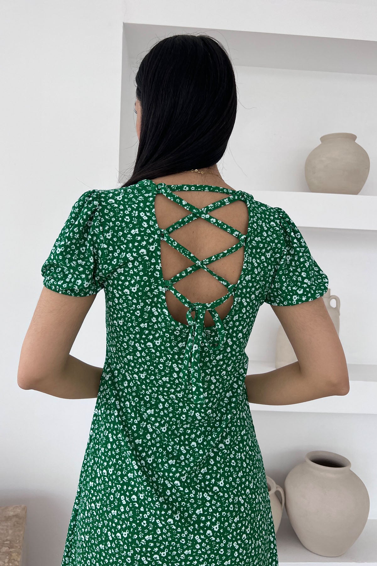 Yeşil Bağlama Detay Çiçekli Çıtır Elbise SY-0489-Yeşil