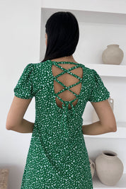 Yeşil Bağlama Detay Çiçekli Çıtır Elbise SY-0489-Yeşil
