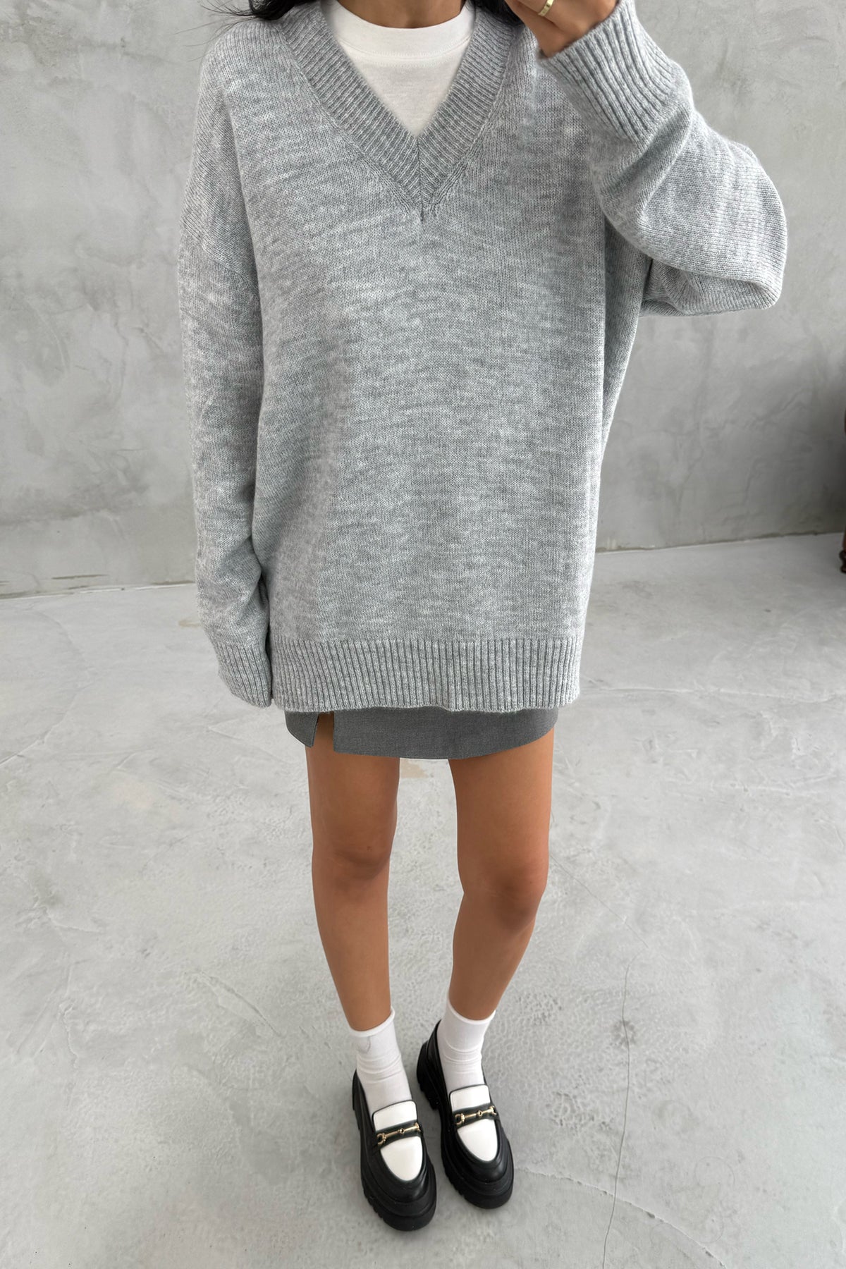 Gri V Yaka Oversize Pinterest Triko Kazak SY-3348-Gri