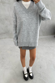 Gri V Yaka Oversize Pinterest Triko Kazak SY-3348-Gri