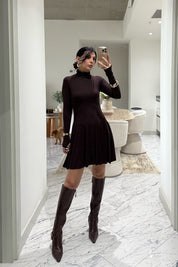 Uzun Kollu Eteği Volanlı Kahverengi Mini Elbise SY-3543-Kahverengi