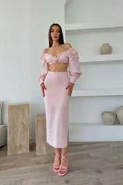 Pembe Tasarım Crop ve Yırtmaçlı Etek Fisto Takım SY-0476-Pembe