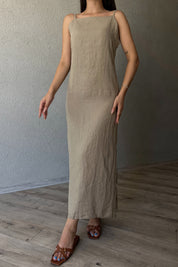 Açık Haki Pencere Detay Keten Elbise SY-2355-Açık Haki