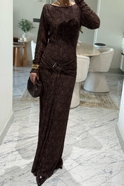 Kahve Toka Detaylı Dantel Uzun Elbise SY-3547-Kahverengi