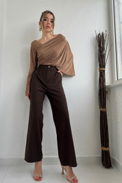 Kahve Arka Bel Kısmı Lastikli Bol Paça Pantolon SY-0071- Kahve