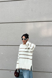 Ekru Kahve Çizgili Oversize Triko Kazak SY-2401-Ekru