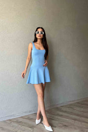 Mavi Kare Yaka Eteği Volanlı Mini Elbise SY-1928-Mavi