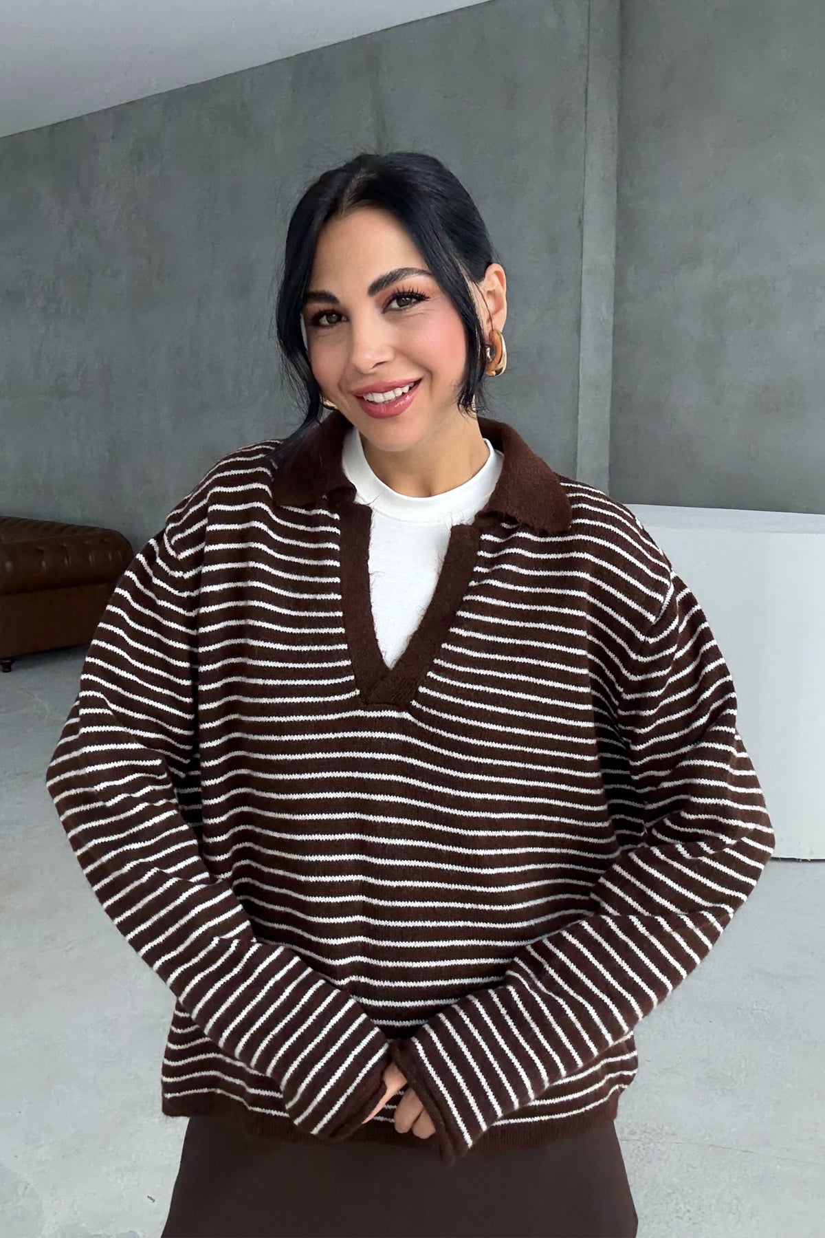 Kahve Çizgili Polo Yaka Triko Kazak SY-3415-Kahve