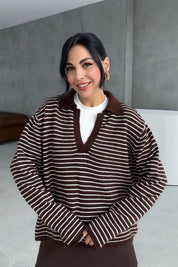 Kahve Çizgili Polo Yaka Triko Kazak SY-3415-Kahve