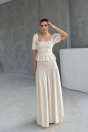 Taş Gipeli Keten Bluz ve Etek Takım SY-3238-Taş