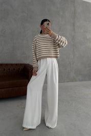 Vizon Çizgili Yumuşak Triko Kazak SY-3434-Vizon