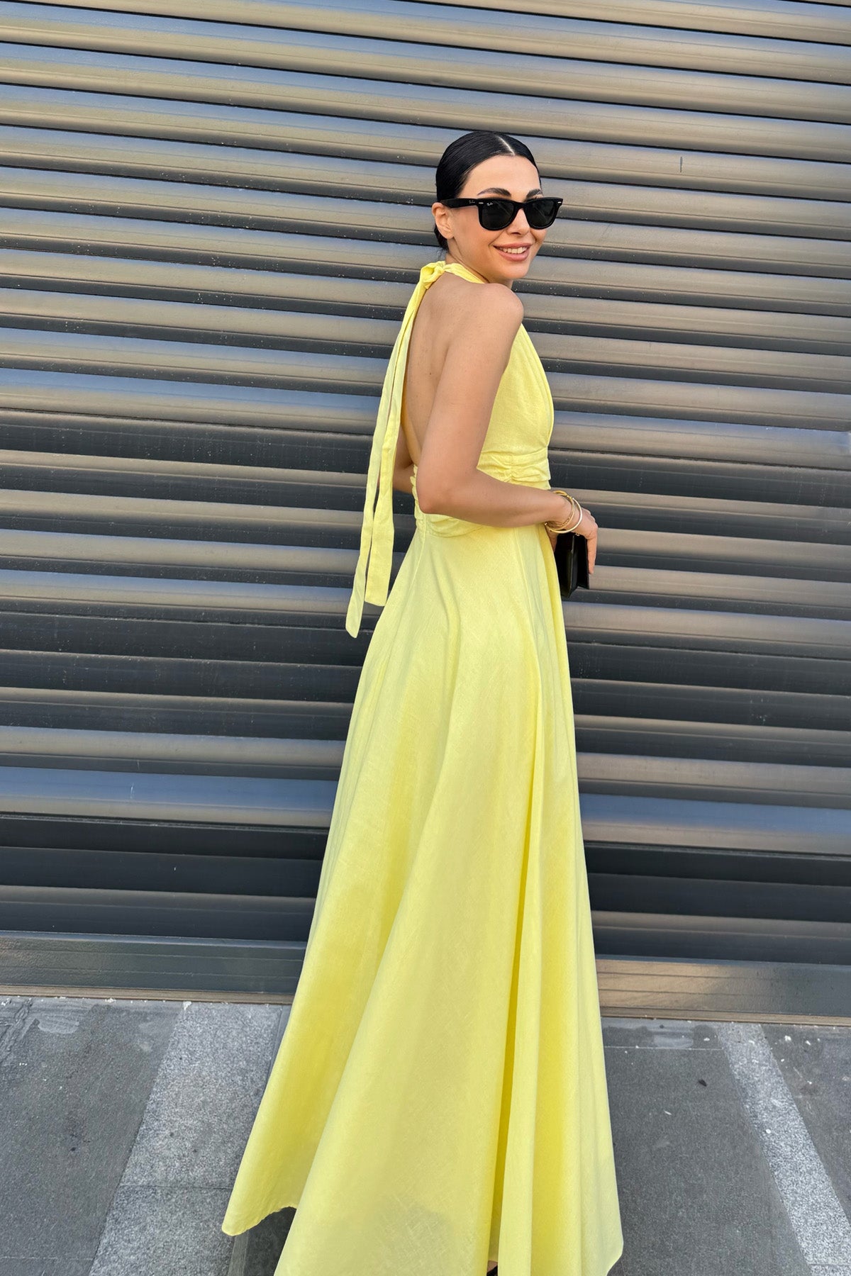 Sarı Puglia Tasarım Sırt Detaylı Keten Elbise SY-2263-Sarı