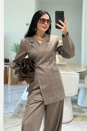 Bej Çizgili Bağlamalı Ceket Ve Pantolon Takım SY-3650-Bej