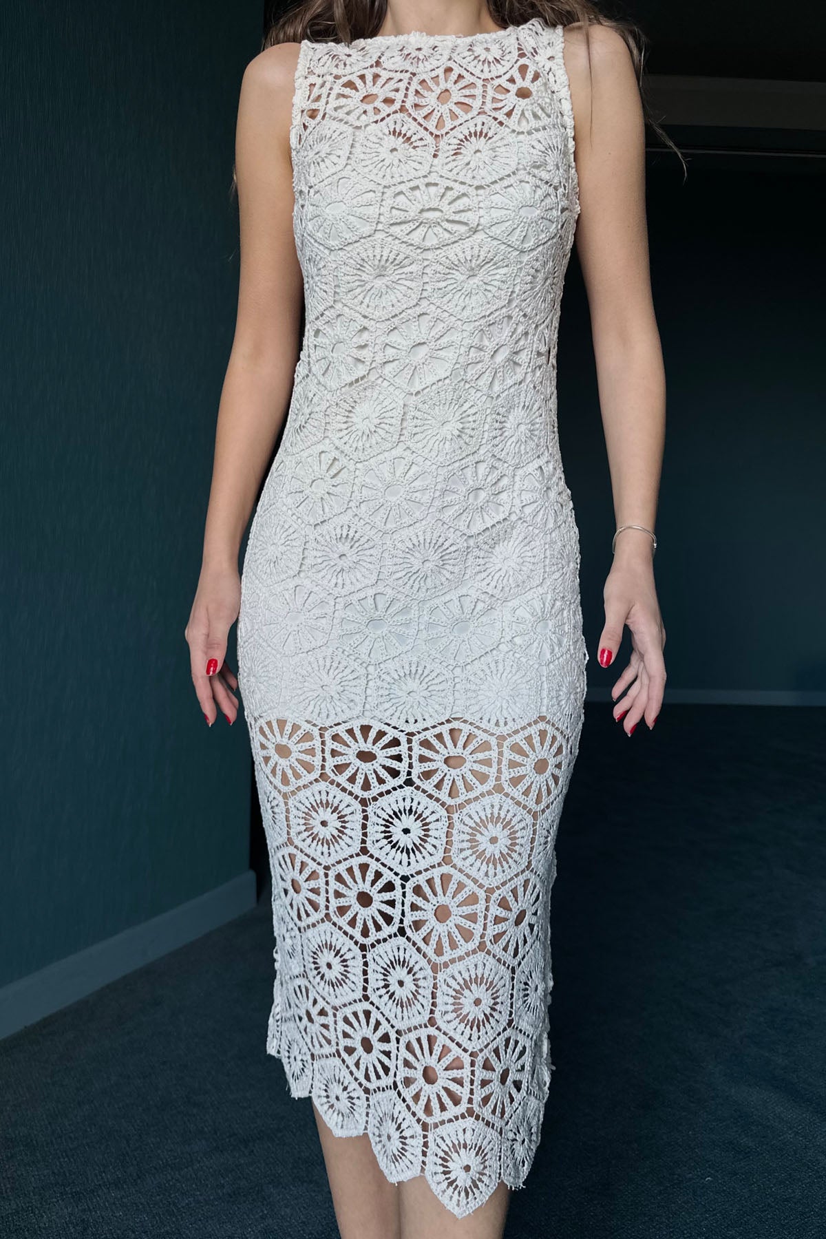 Taş Astarlı Dantel İşlemeli Sıfır Kol Elbise SY-0341-Taş