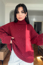 Bordo İnci Detaylı Yarım Balıkçı Triko Kazak SY-2741-Bordo