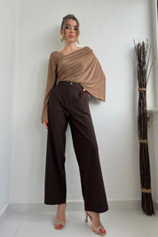 Kahve Arka Bel Kısmı Lastikli Bol Paça Pantolon SY-0071- Kahve