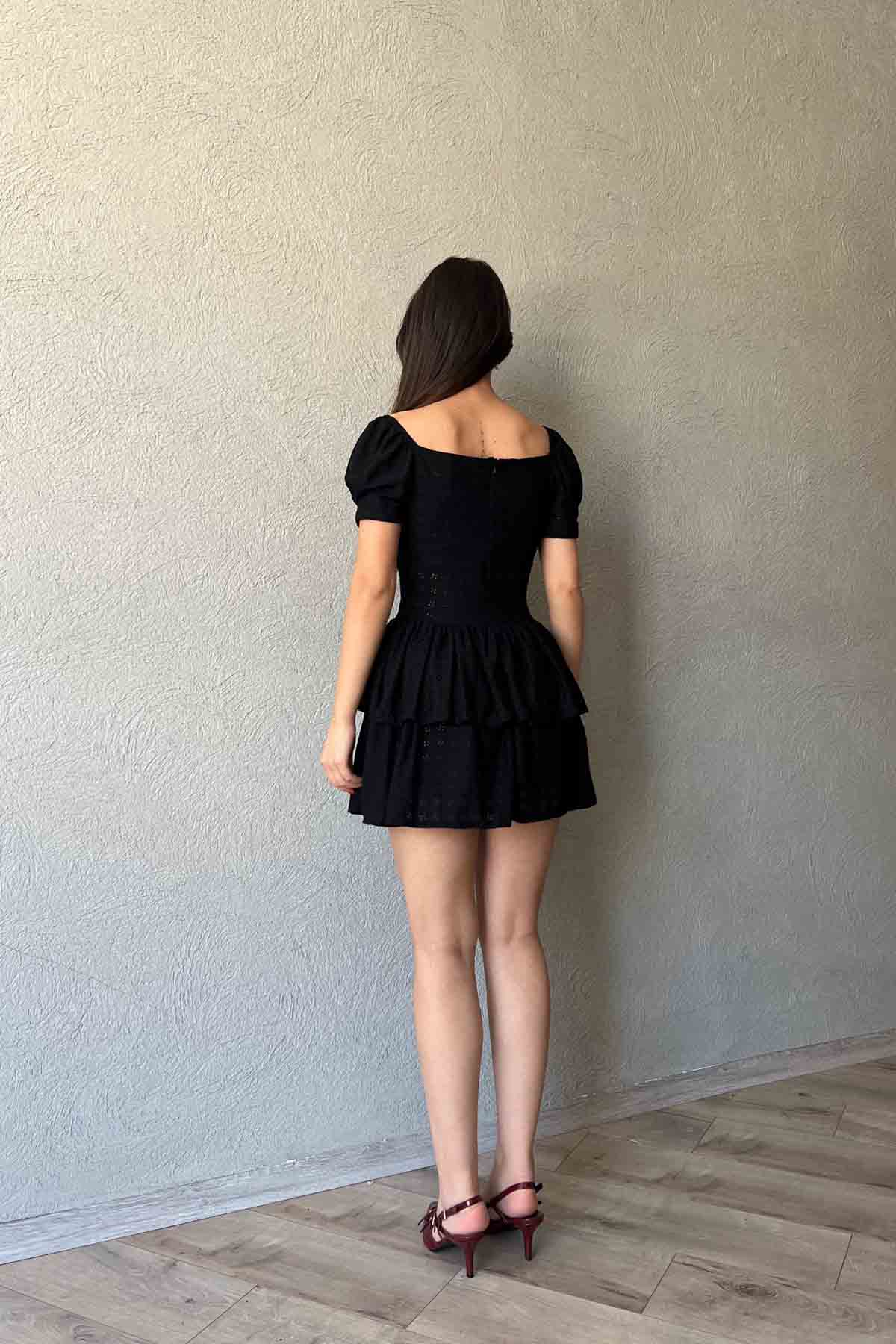 Siyah Dantel Detaylı Vintage Mini Elbise SY-2113-Siyah