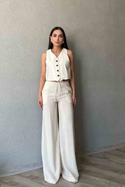 Ekru Yelek Beli Lastik Detaylı  Pantolon Takım SY-2019-Ekru