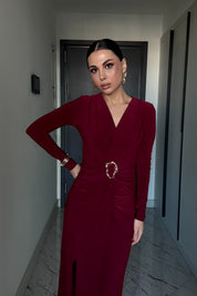 Kruvaze Yaka Uzun Kol Tokalı Bordo Elbise SY-3520-Bordo